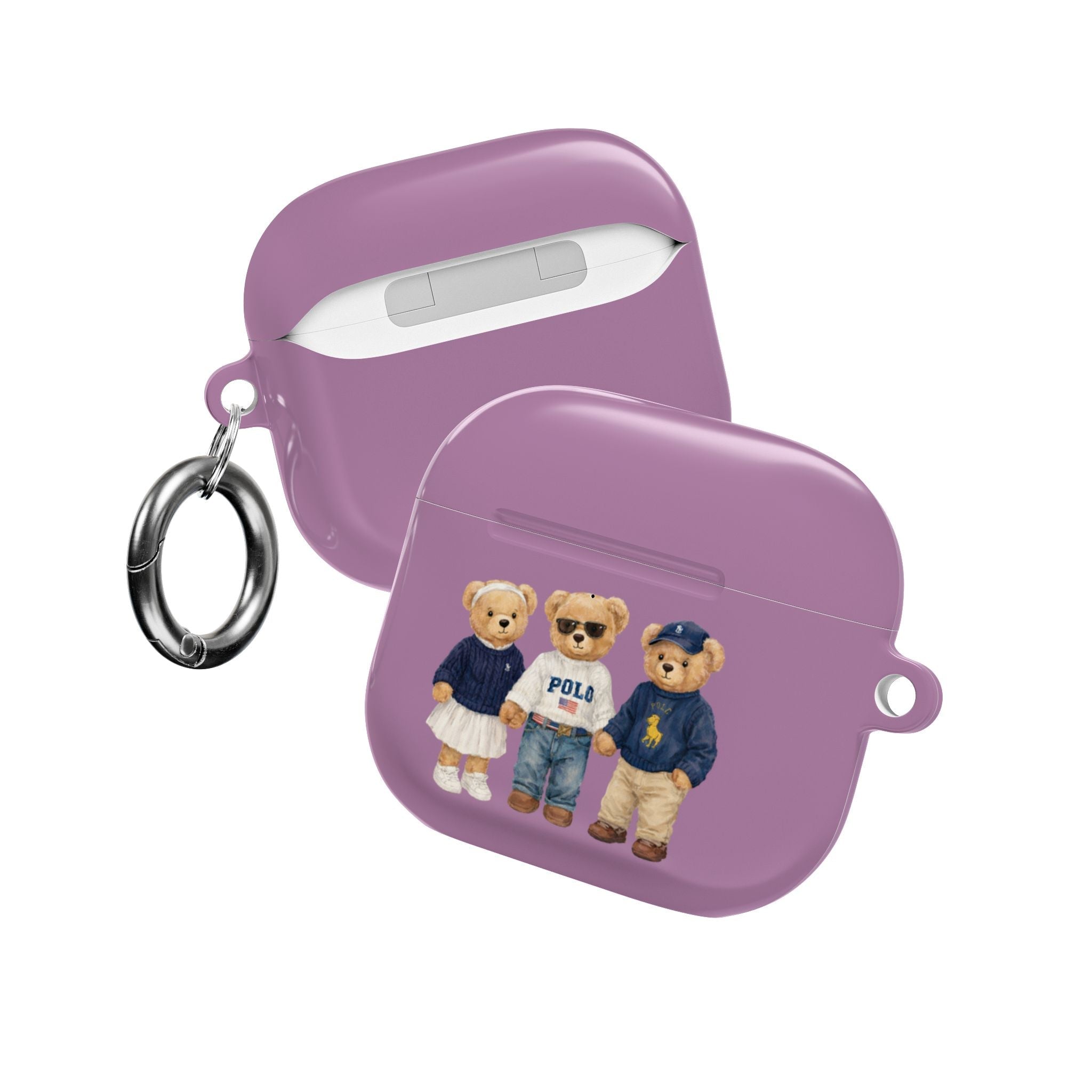 Purple AirPods case with teddy bear design, side view with metal keyring
