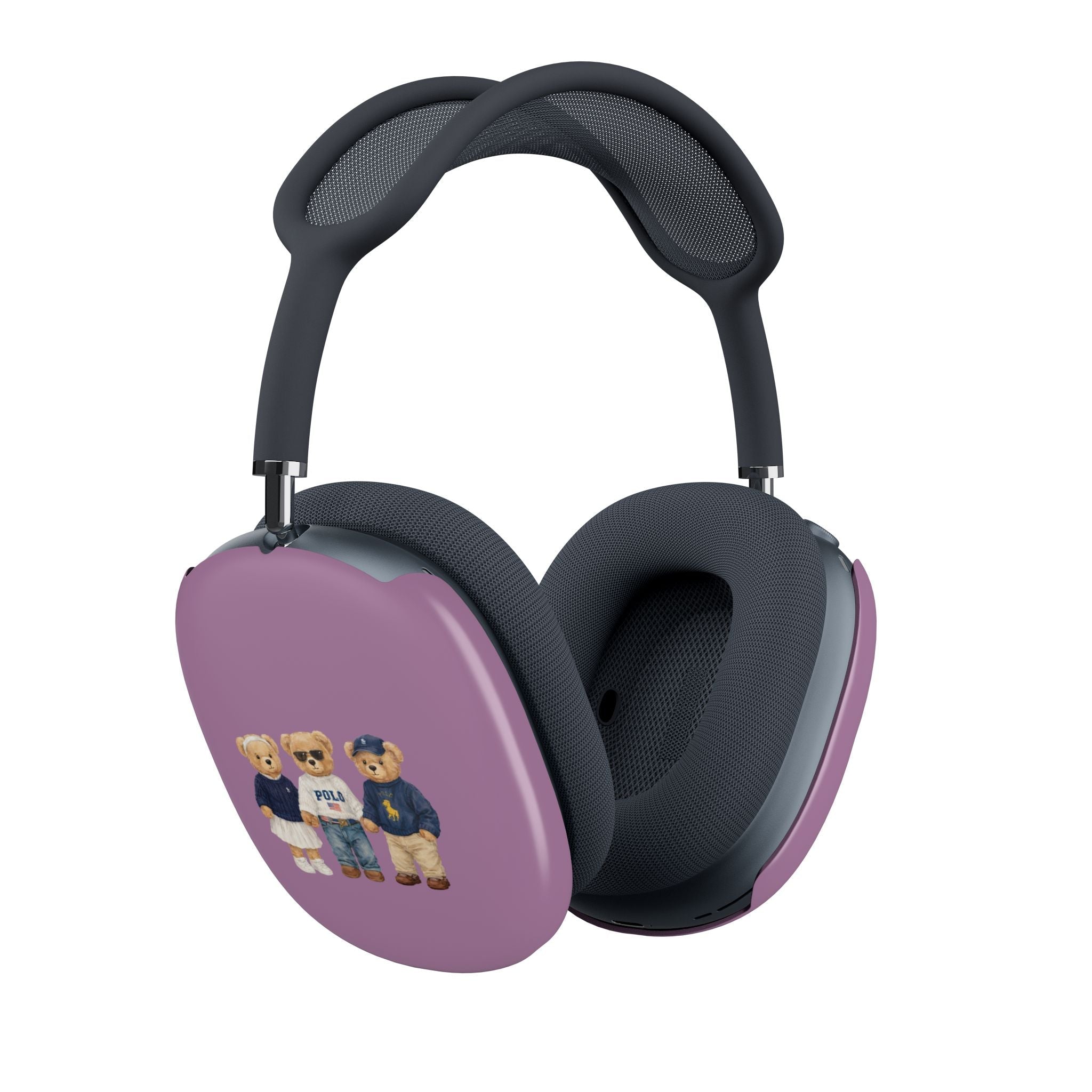 Purple AirPods Max ear cup cover, teddy bear group graphic on side