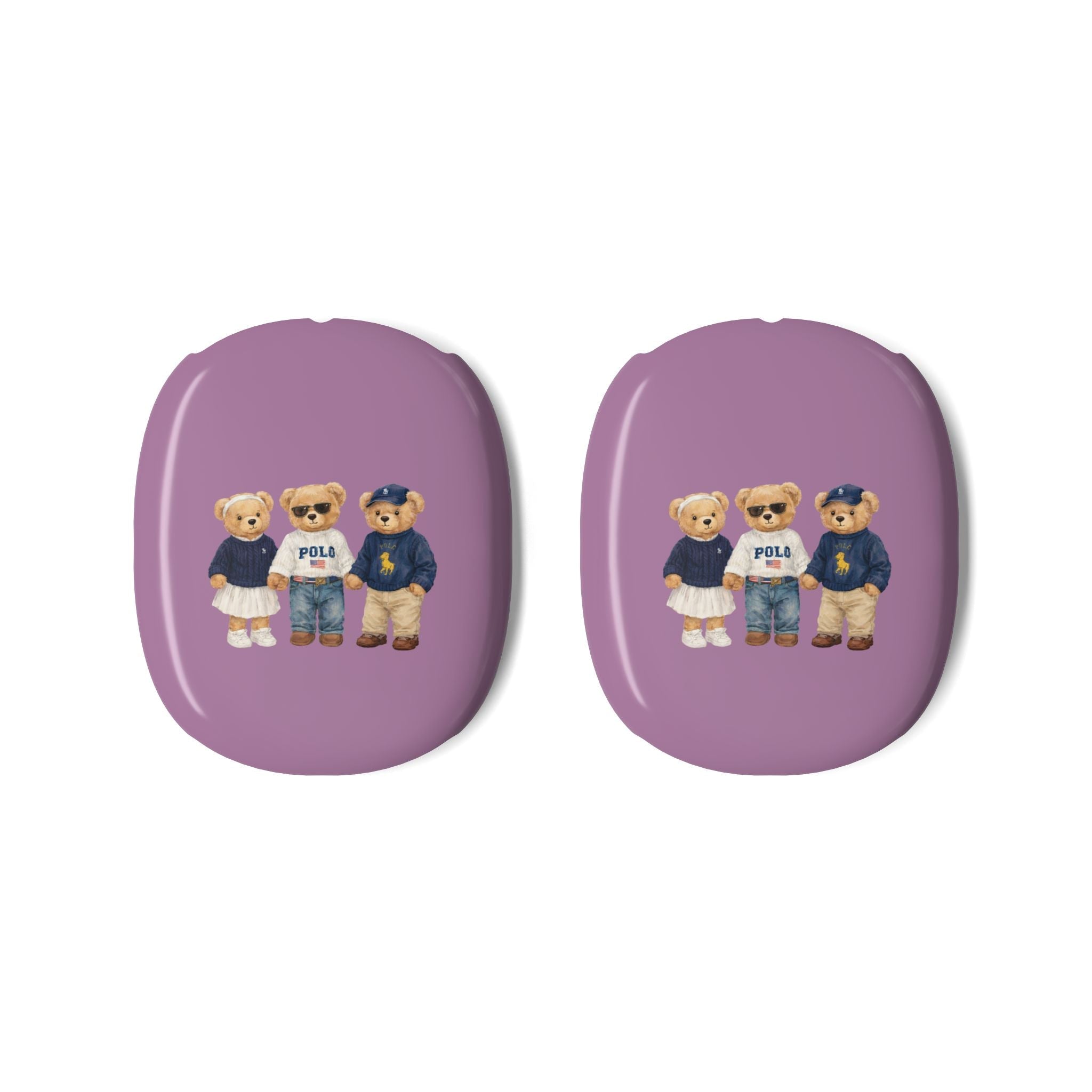 Pair of purple ear cup covers with three teddy bear characters graphic