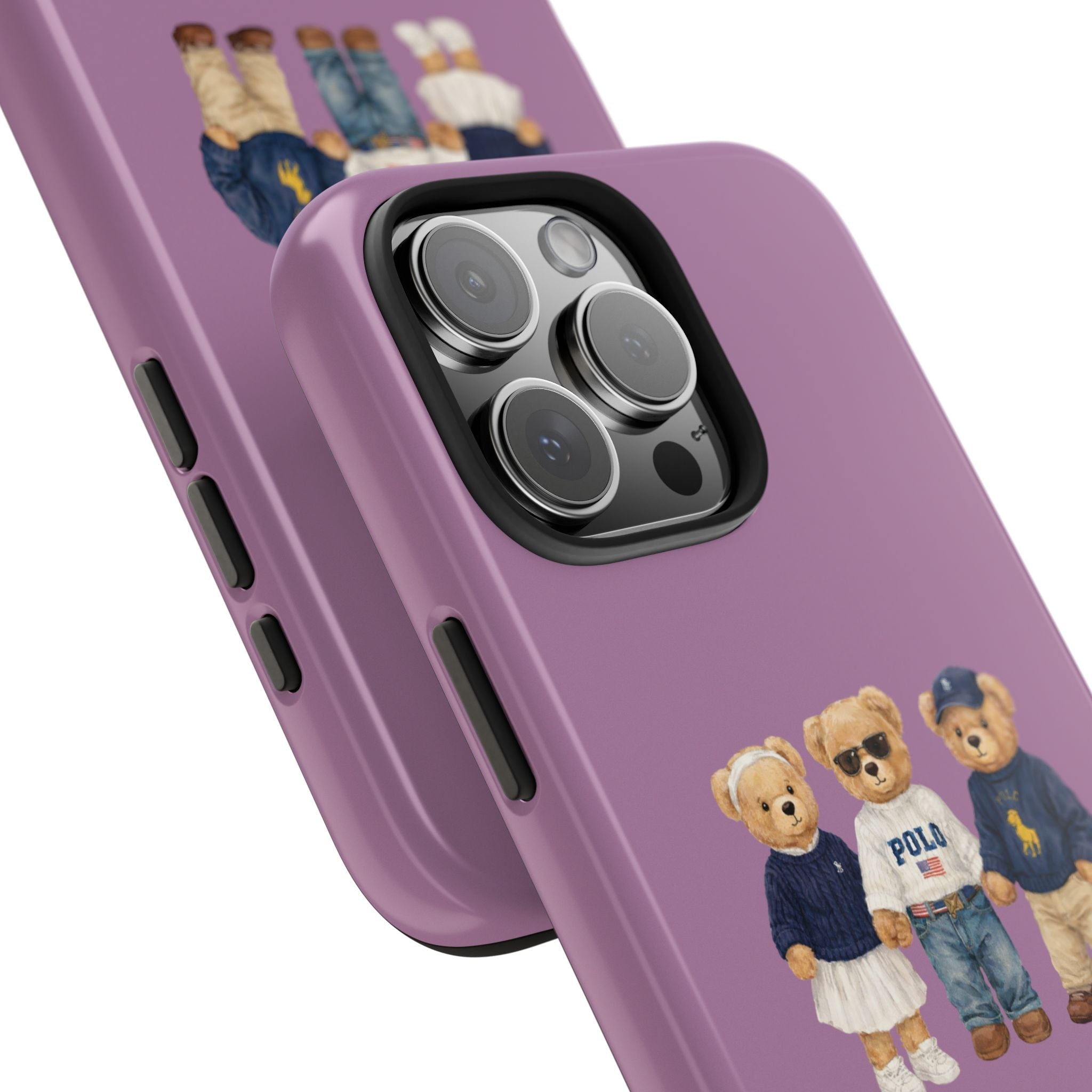 Lavender purple phone case corner view with triple camera cutout and teddy bear decal