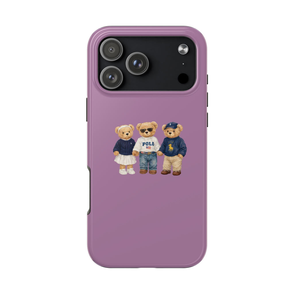Purple phone case with three teddy bear figures on a solid purple back