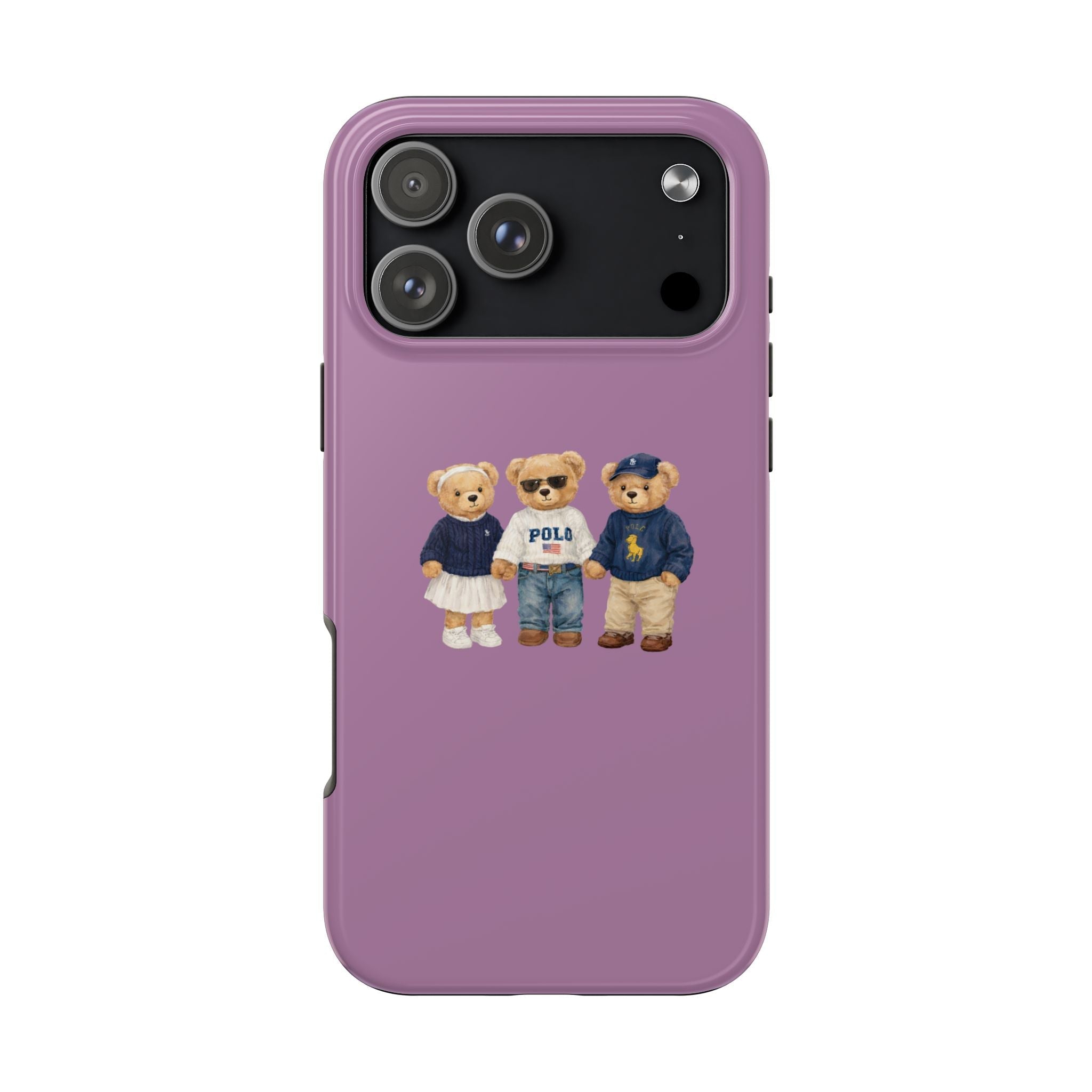 Purple phone case with three teddy bear figures on a solid purple back