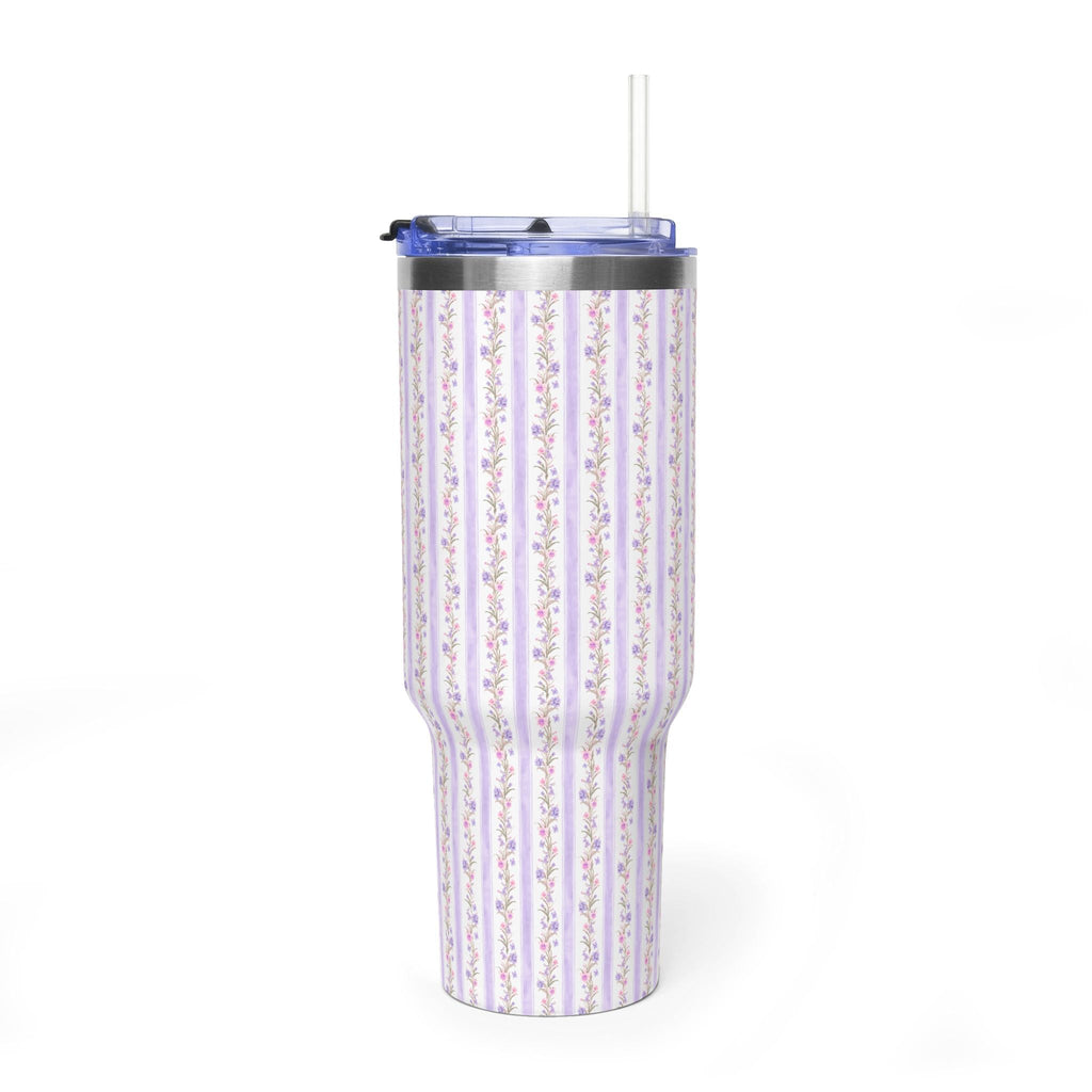 40oz stainless tumbler with purple floral stripe pattern and clear straw lid