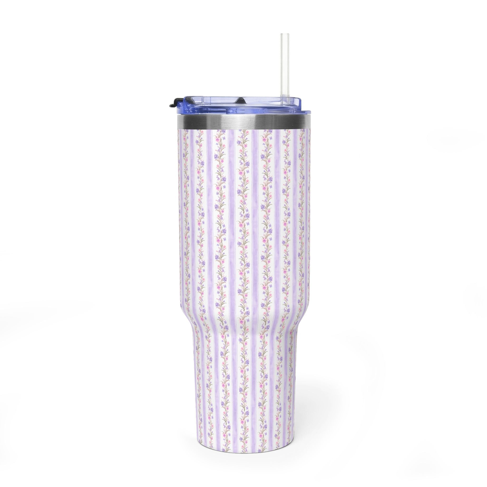40oz stainless tumbler with purple floral stripe pattern and clear straw lid
