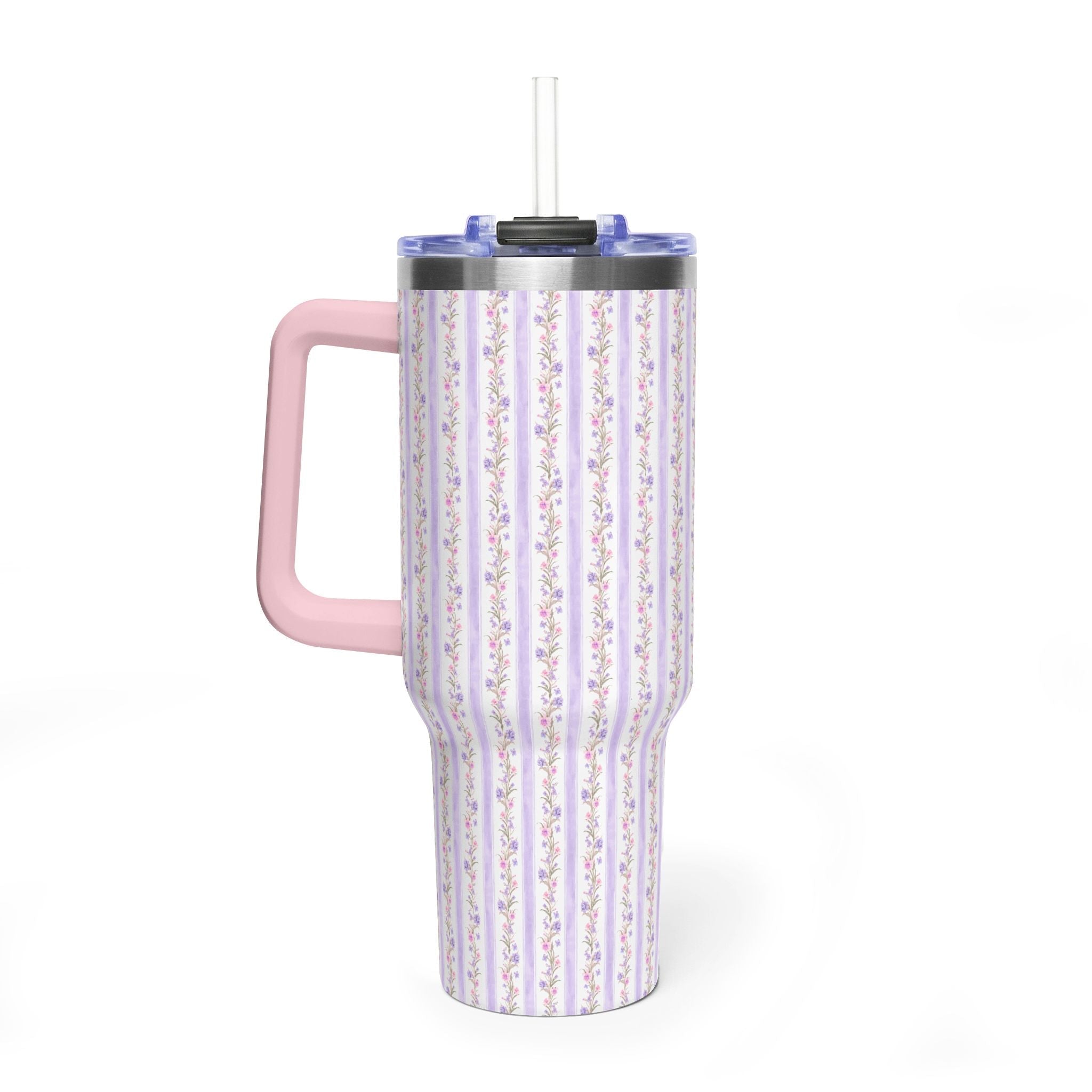 40oz tumbler with purple floral stripes, pink handle, clear lid and straw