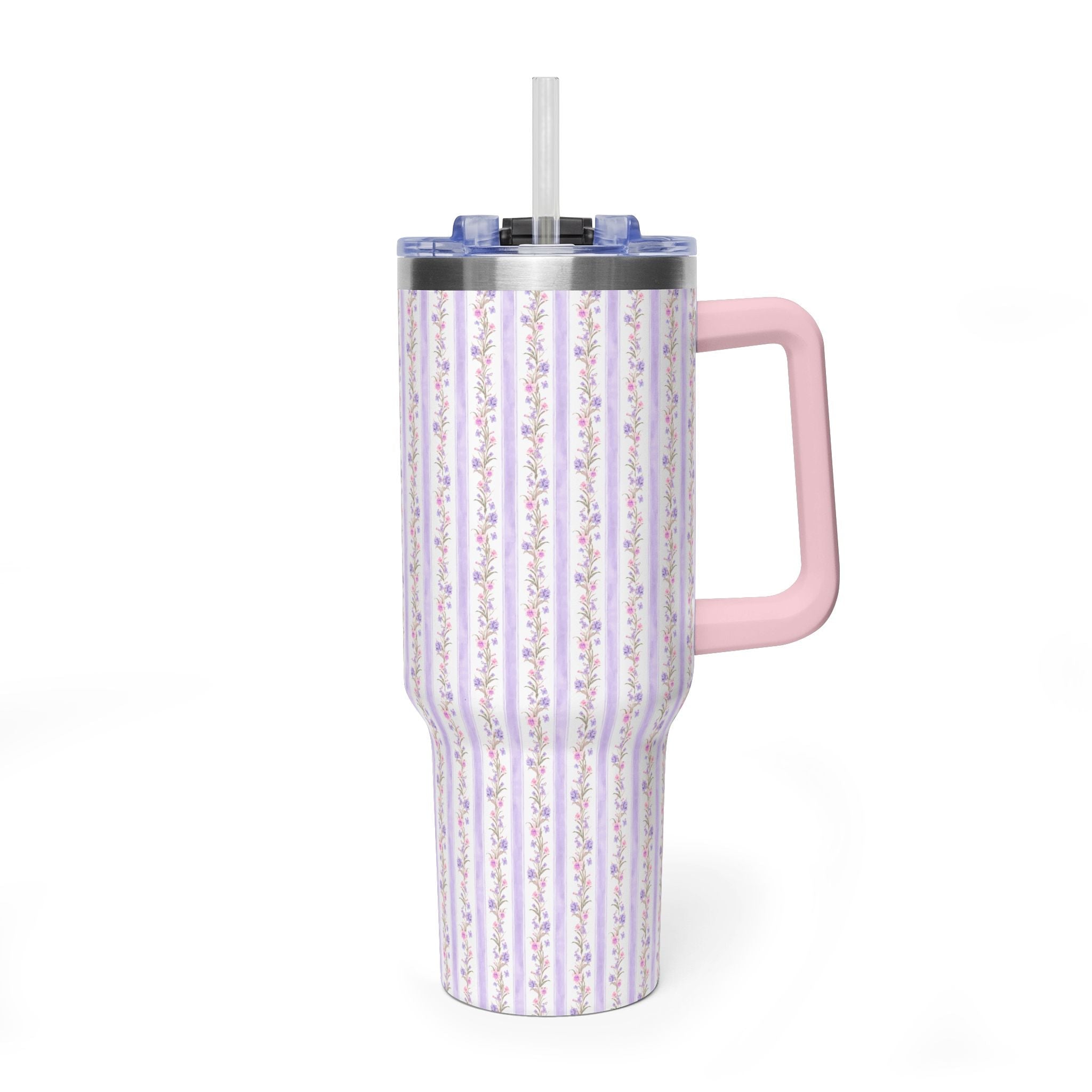 40oz tumbler: purple floral stripes, pink handle, clear straw lid