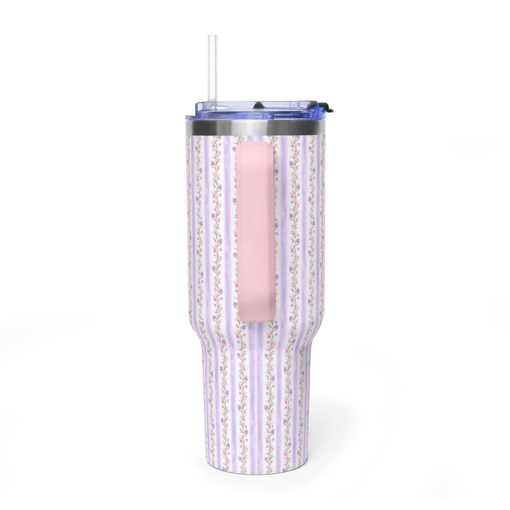 40oz tumbler with purple floral stripes and pink center panel, clear lid
