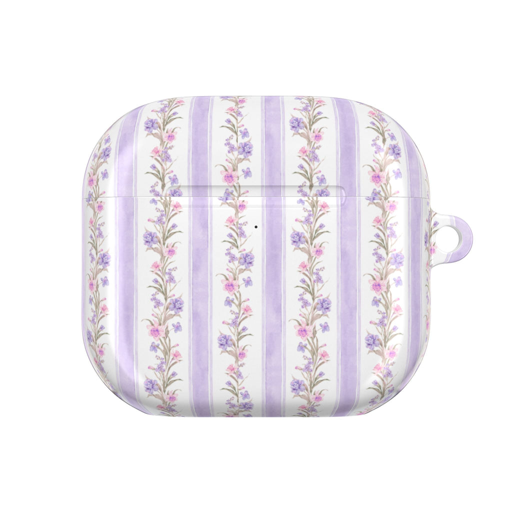 Purple striped floral AirPods case, flat front view, white frame