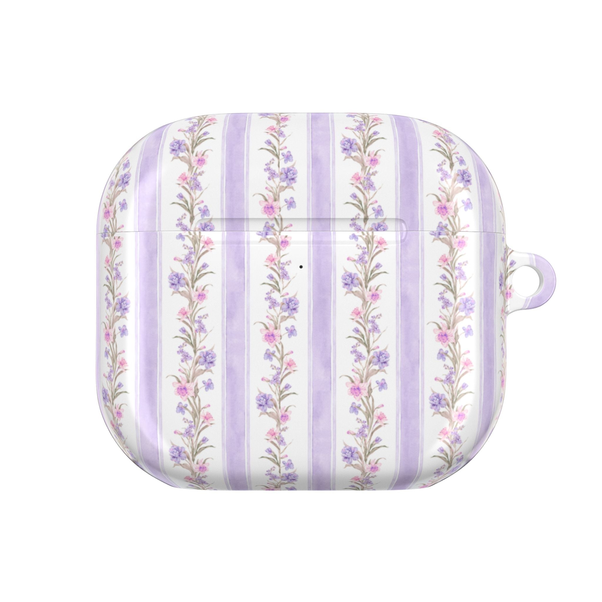 Purple striped floral AirPods case, flat front view, white frame