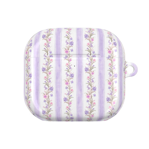 Purple striped floral AirPods case, flat front view, white frame