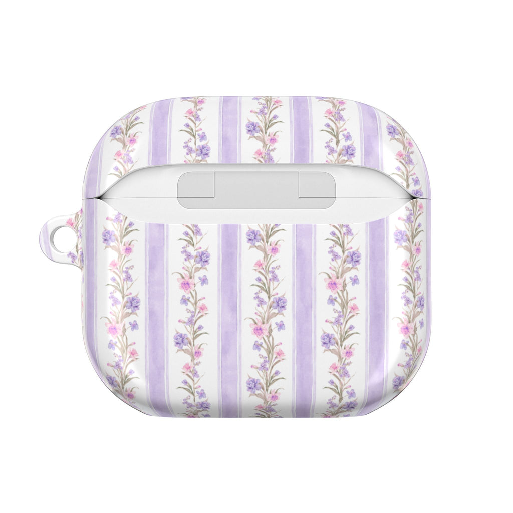 Purple striped floral AirPods case with top slot, white base