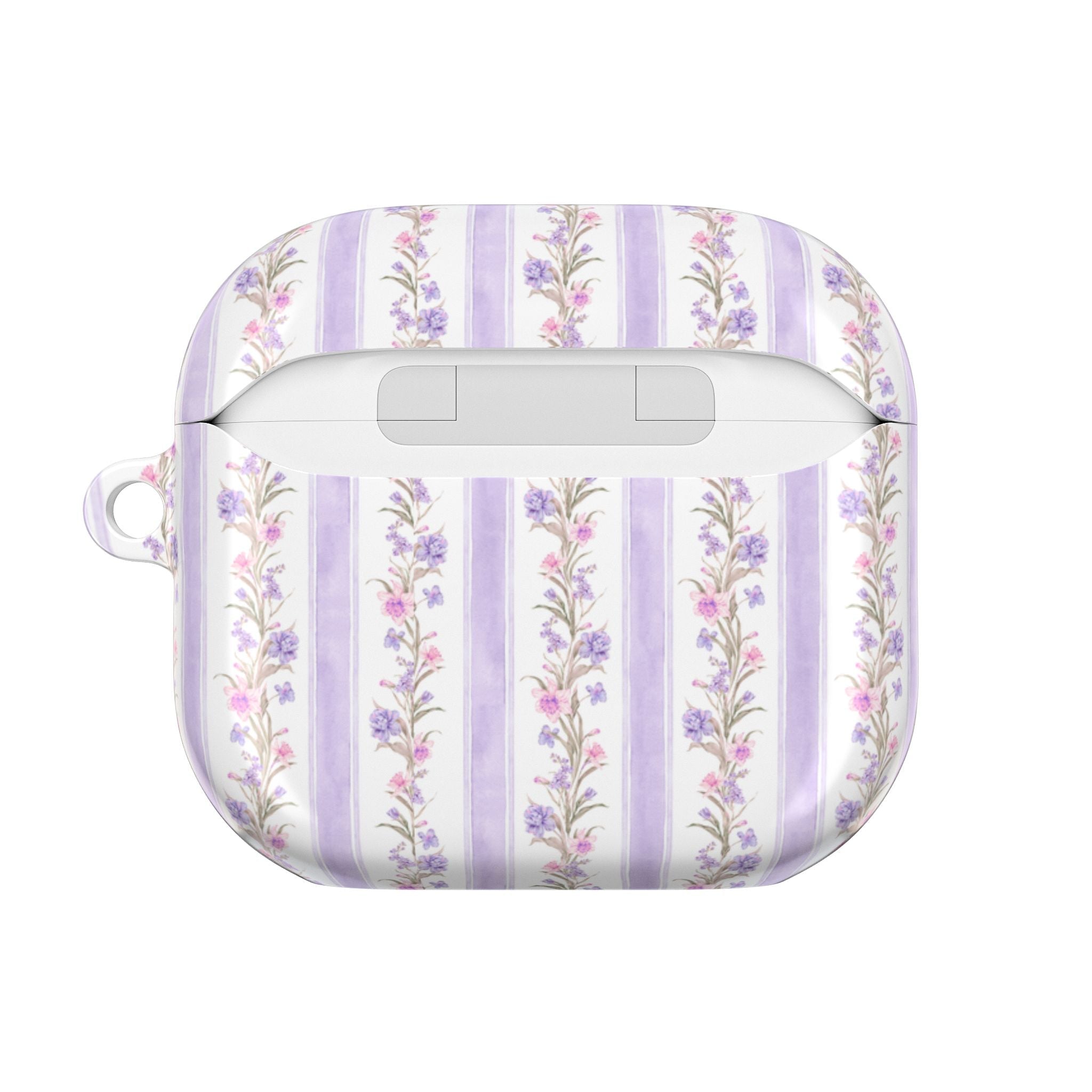 Purple striped floral AirPods case with top slot, white base