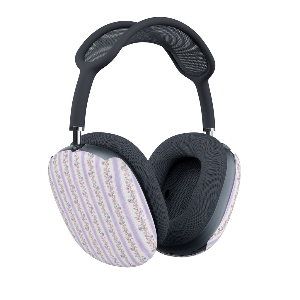 AirPods Max ear pad covers, purple floral stripe print over dark textured cushions