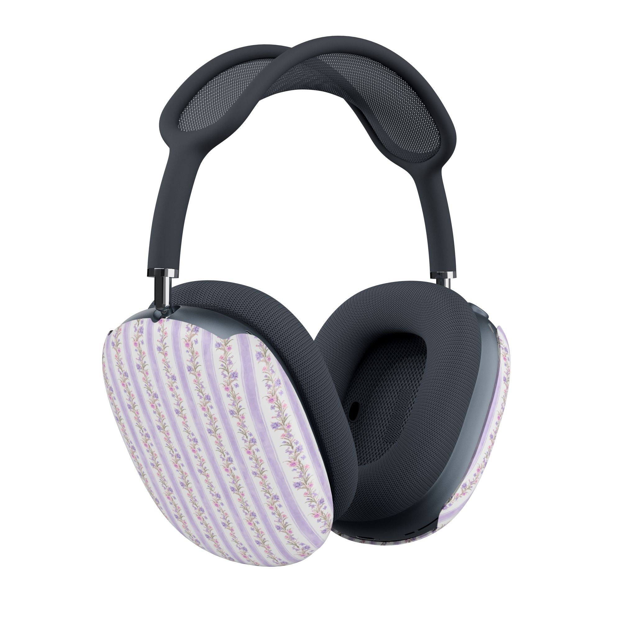 AirPods Max ear pad covers, purple floral stripe print over dark textured cushions