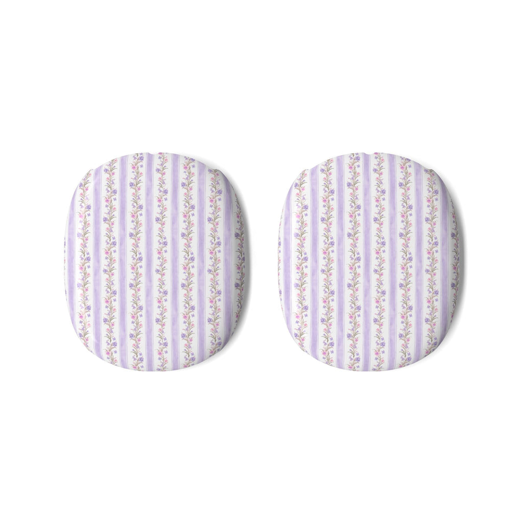 Pair of AirPods Max ear pad covers, white base with purple striped floral print
