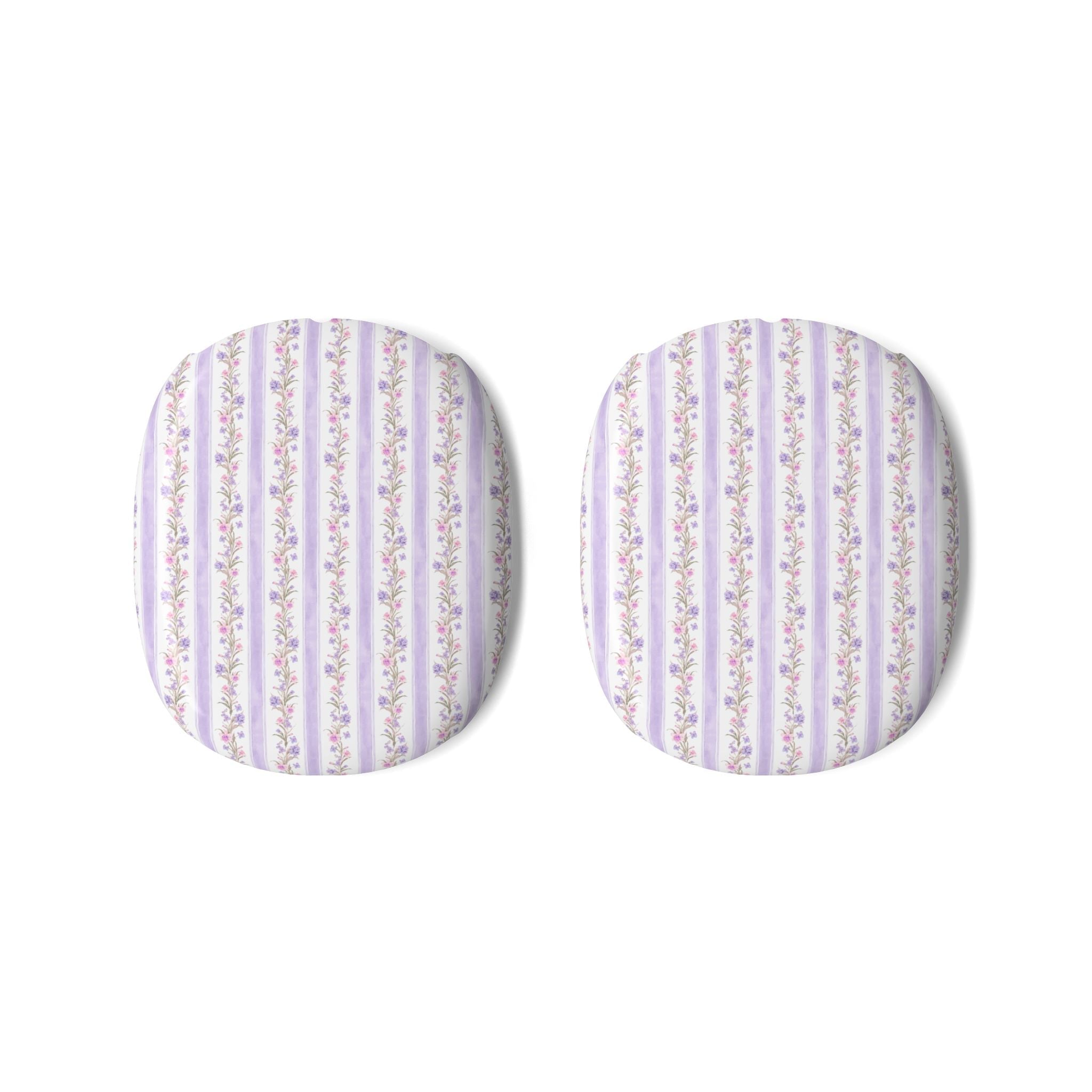 Pair of AirPods Max ear pad covers, white base with purple striped floral print