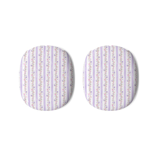 Pair of AirPods Max ear pad covers, white base with purple striped floral print