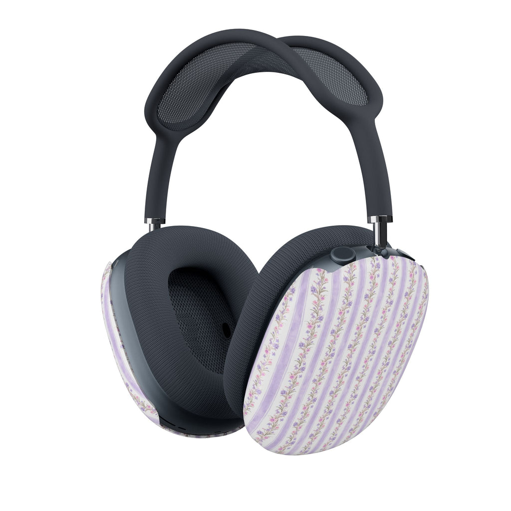 AirPods Max ear pad covers with purple floral striped pattern on black cushions