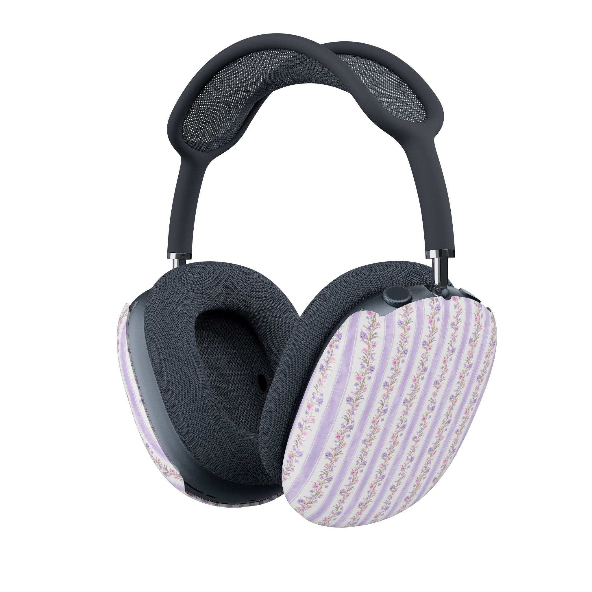 AirPods Max ear pad covers with purple floral striped pattern on black cushions