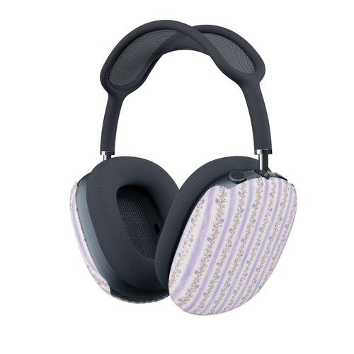 AirPods Max ear pad covers with purple floral striped pattern on black cushions