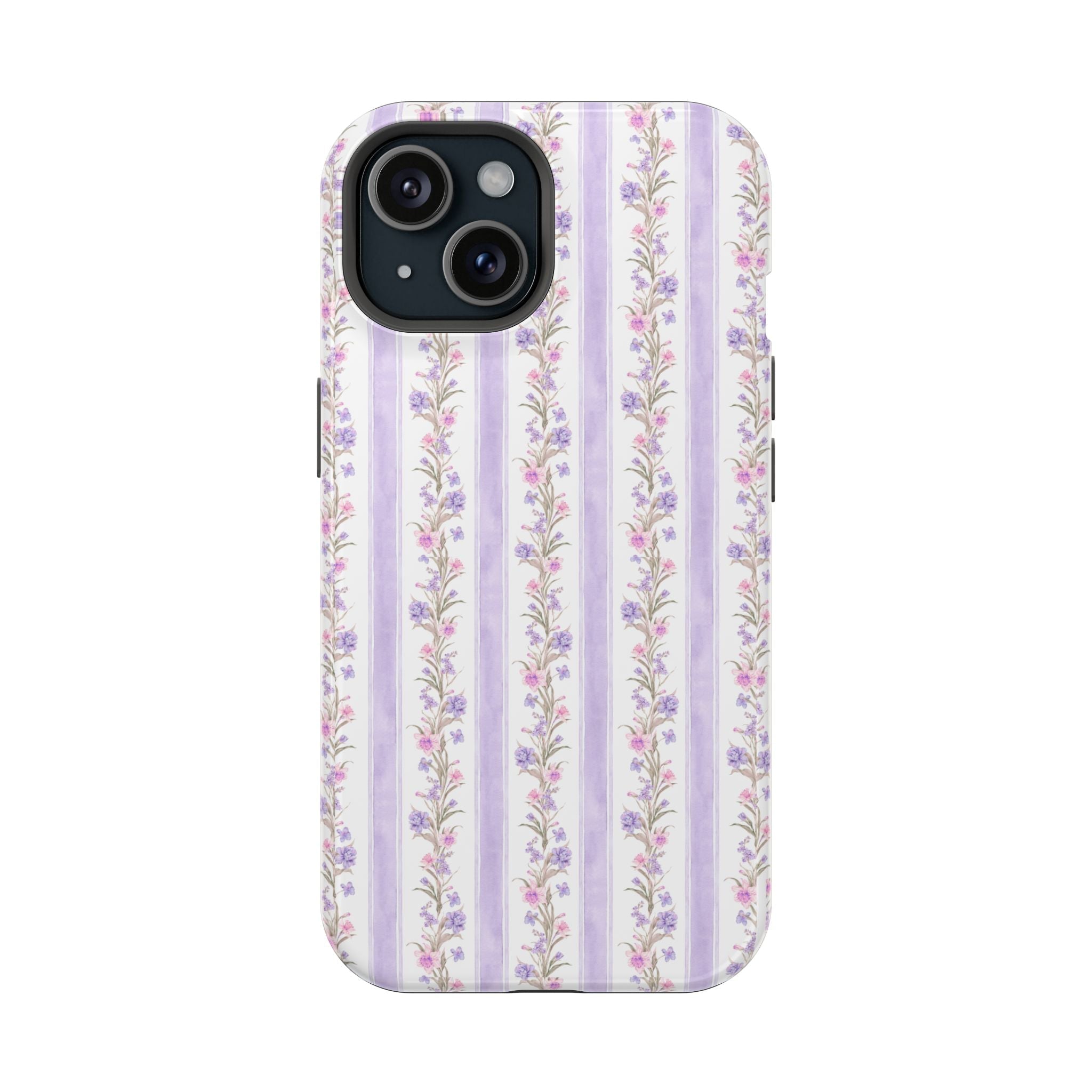 Purple striped floral phone case with raised camera cutout