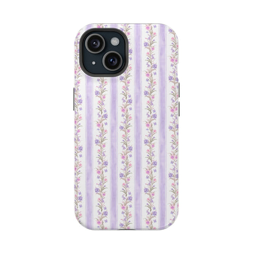 Purple striped floral phone case with raised camera cutout