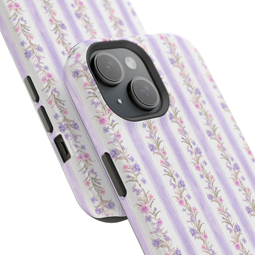 Angled purple striped floral phone case showing side buttons and camera lenses
