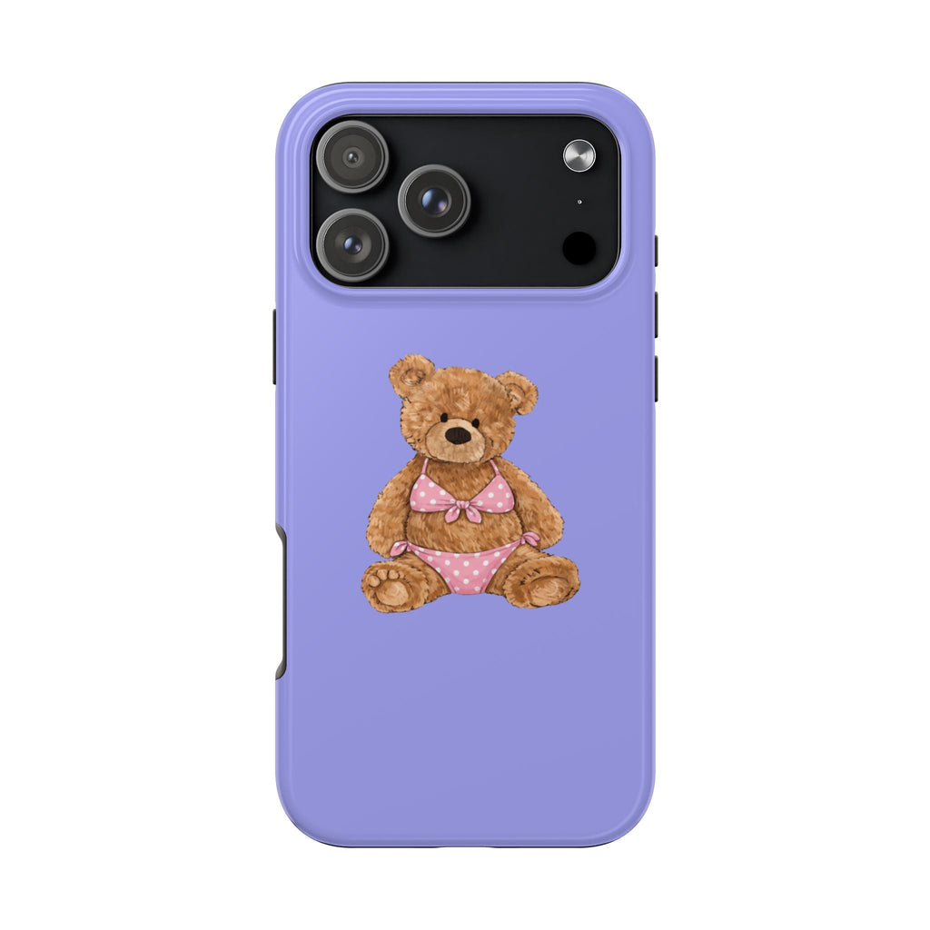 Lavender phone case with plush teddy bear in pink polka-dot bikini