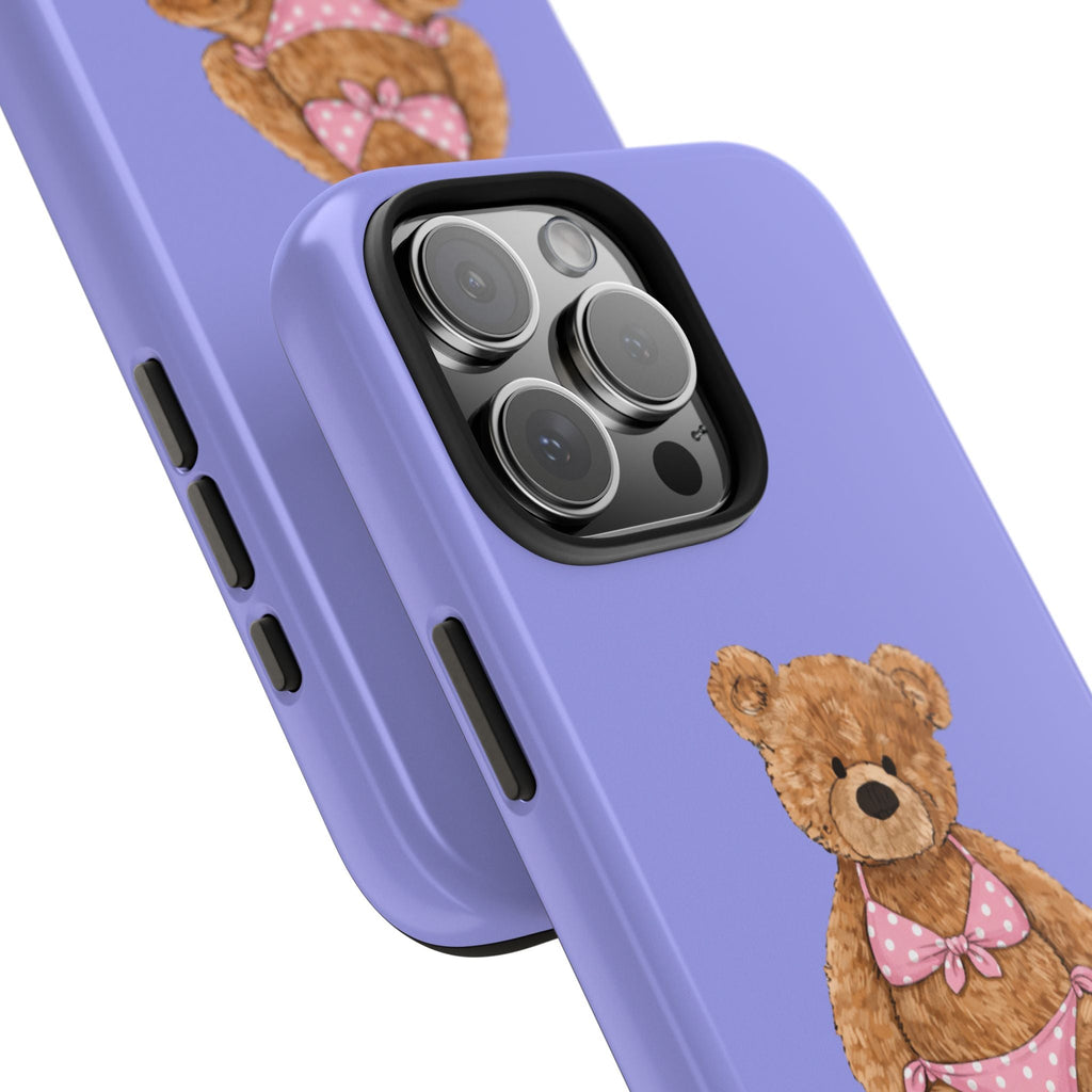 Angled lavender phone case with teddy bear print and cutout camera panel