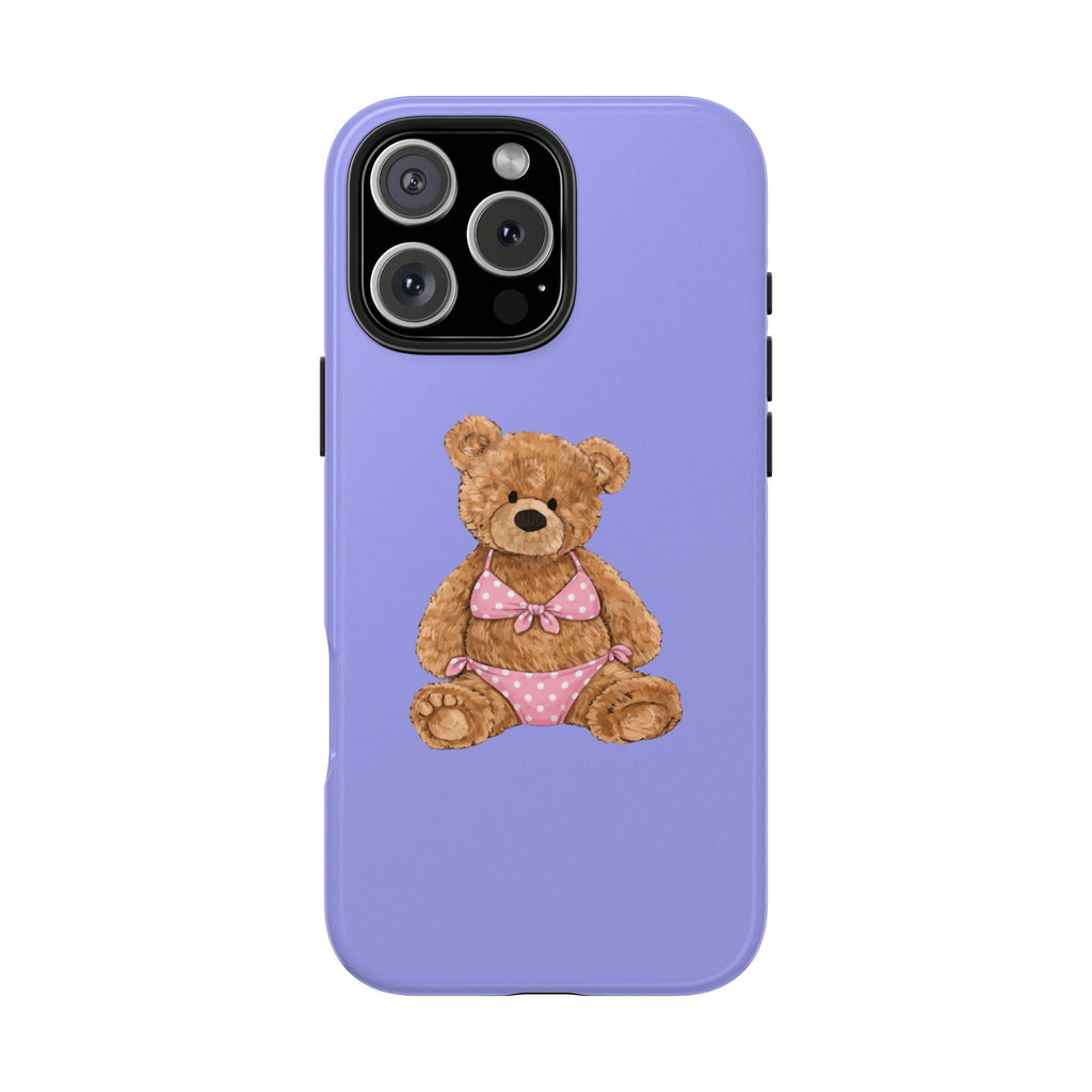 Lavender phone case featuring teddy bear wearing pink polka-dot bikini