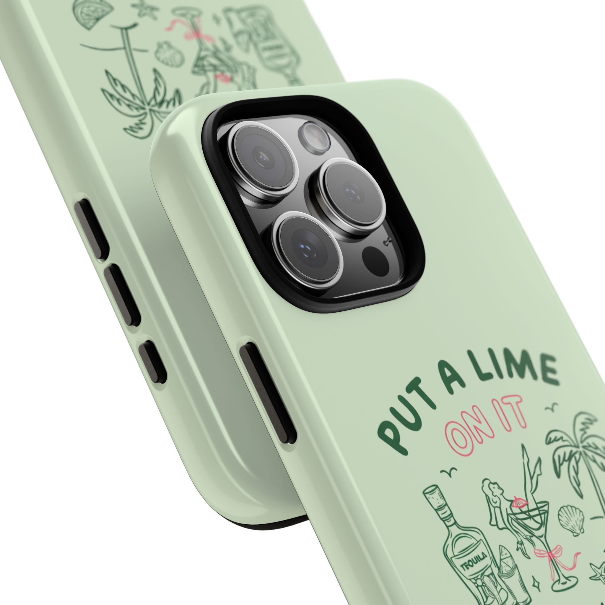 Angled light green phone case showing 'PUT A LIME ON IT' artwork near camera lenses