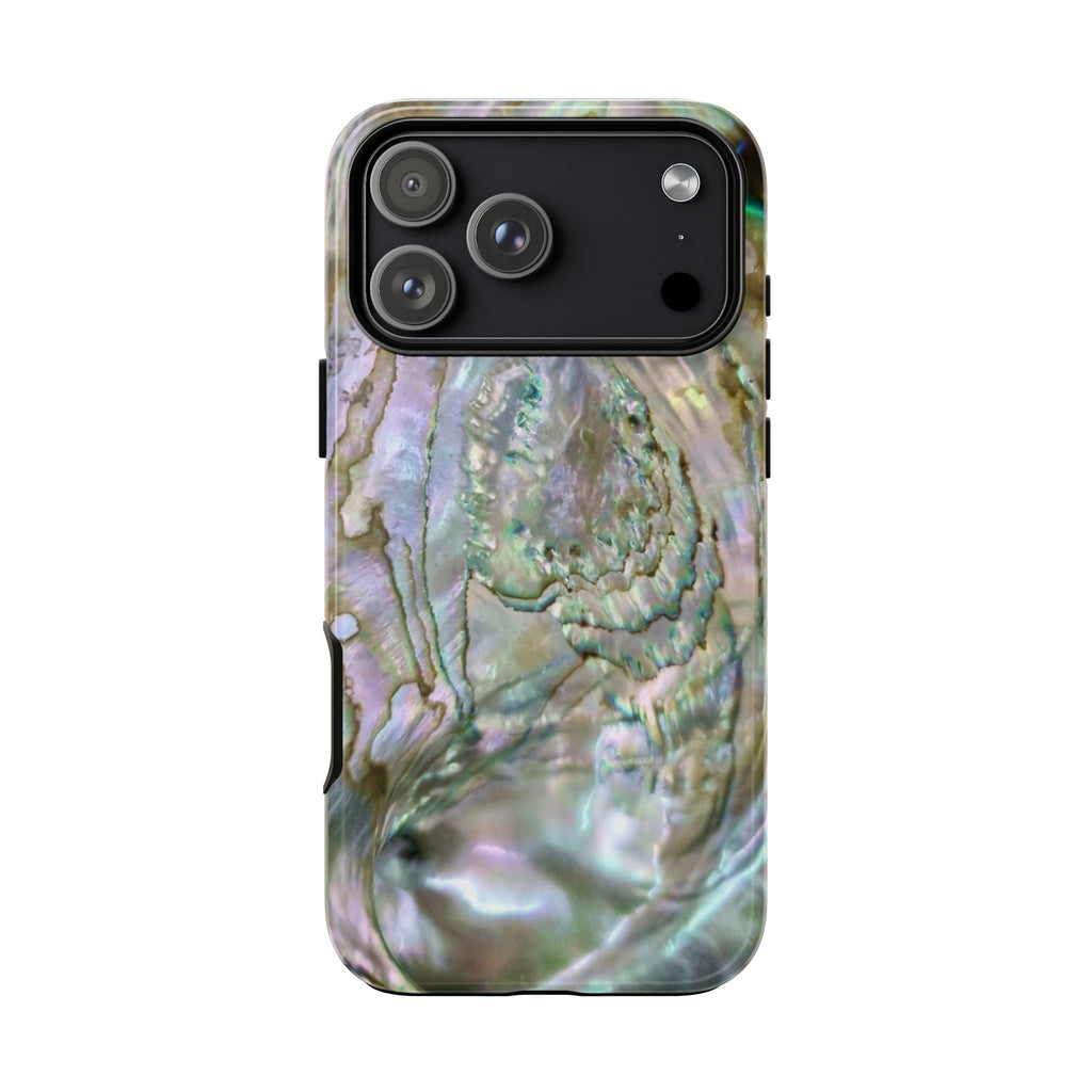 Quartz phone case, iridescent marble print and raised camera-ring protection