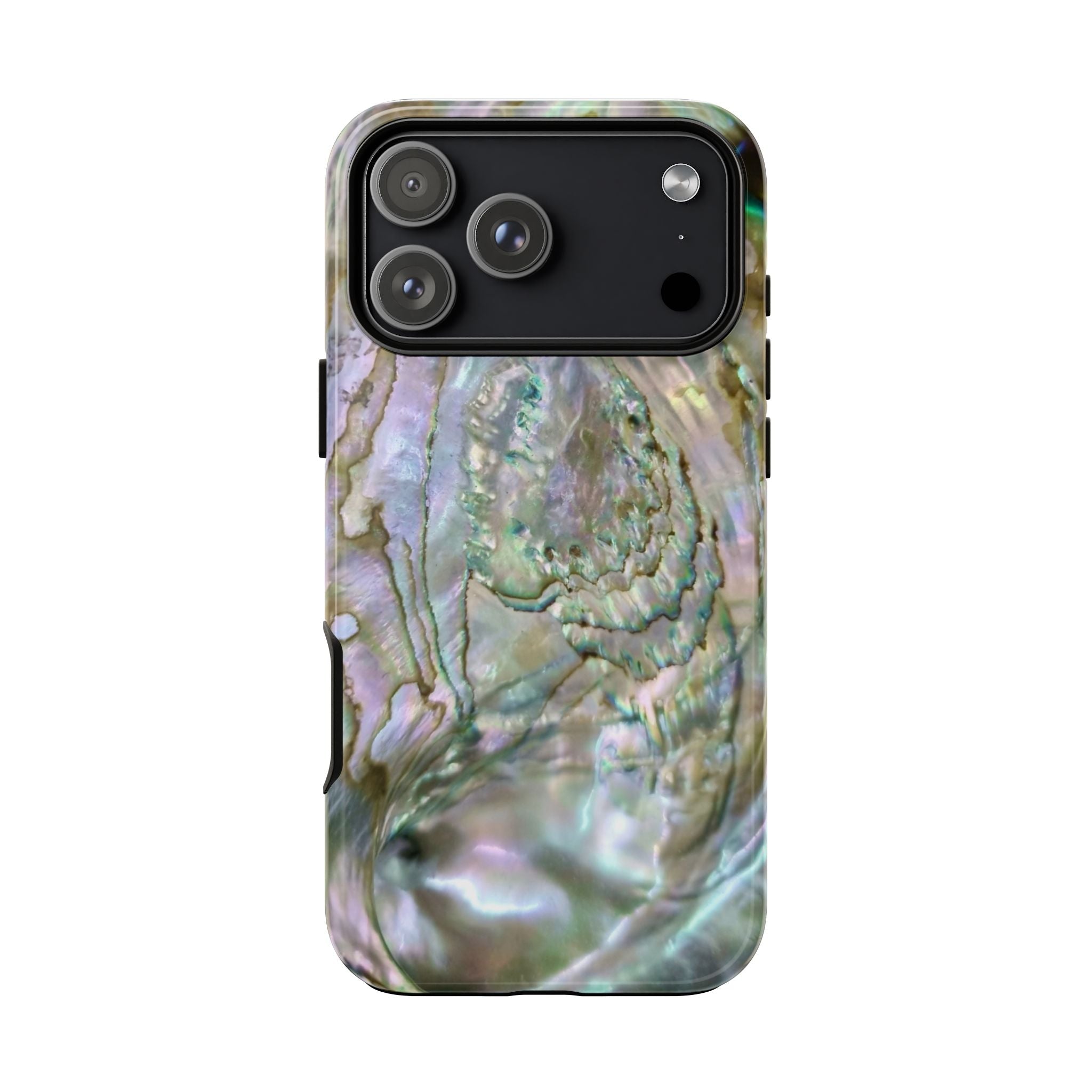 Quartz phone case, iridescent marble print and raised camera-ring protection