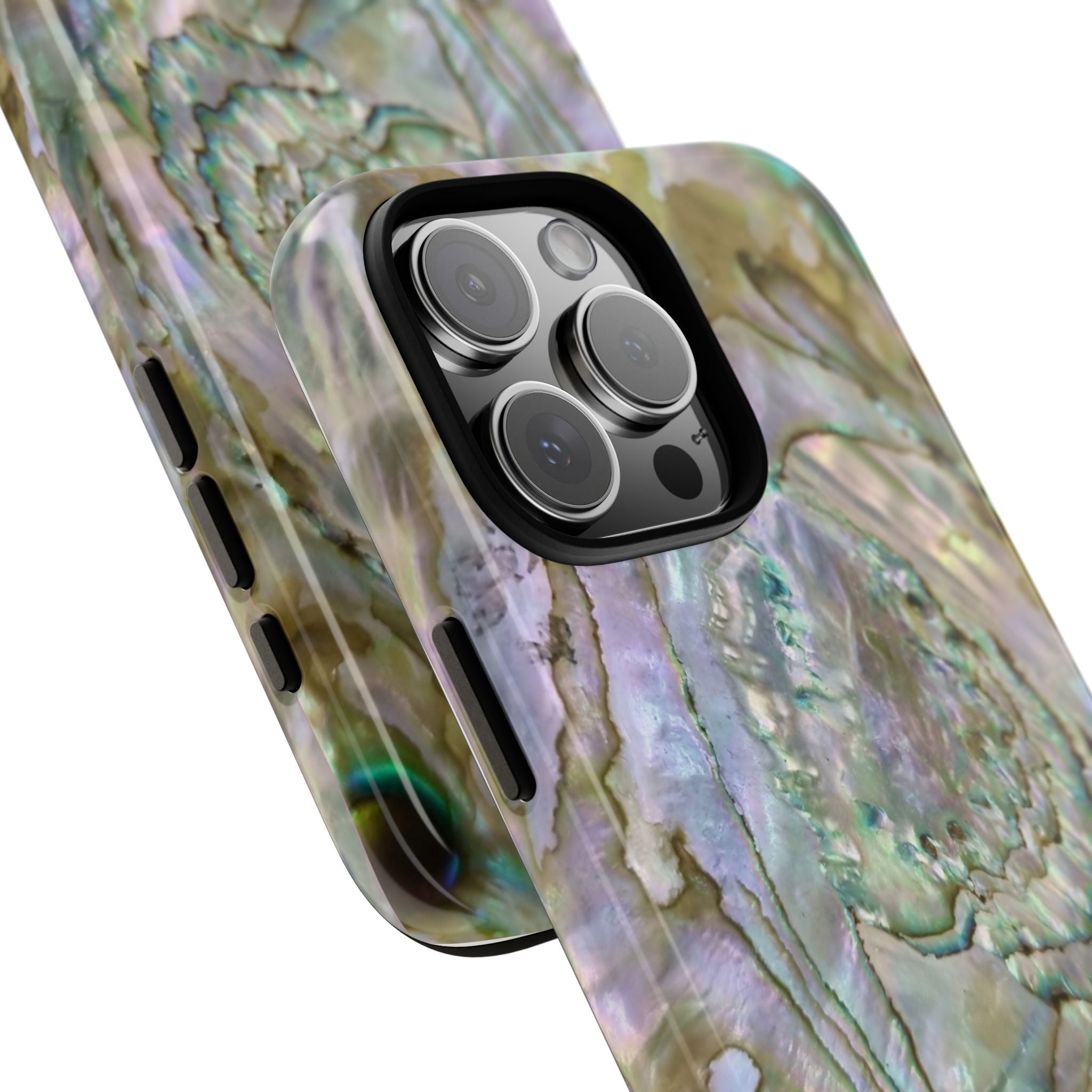 Quartz phone case angled view, iridescent marble pattern with side button cutouts