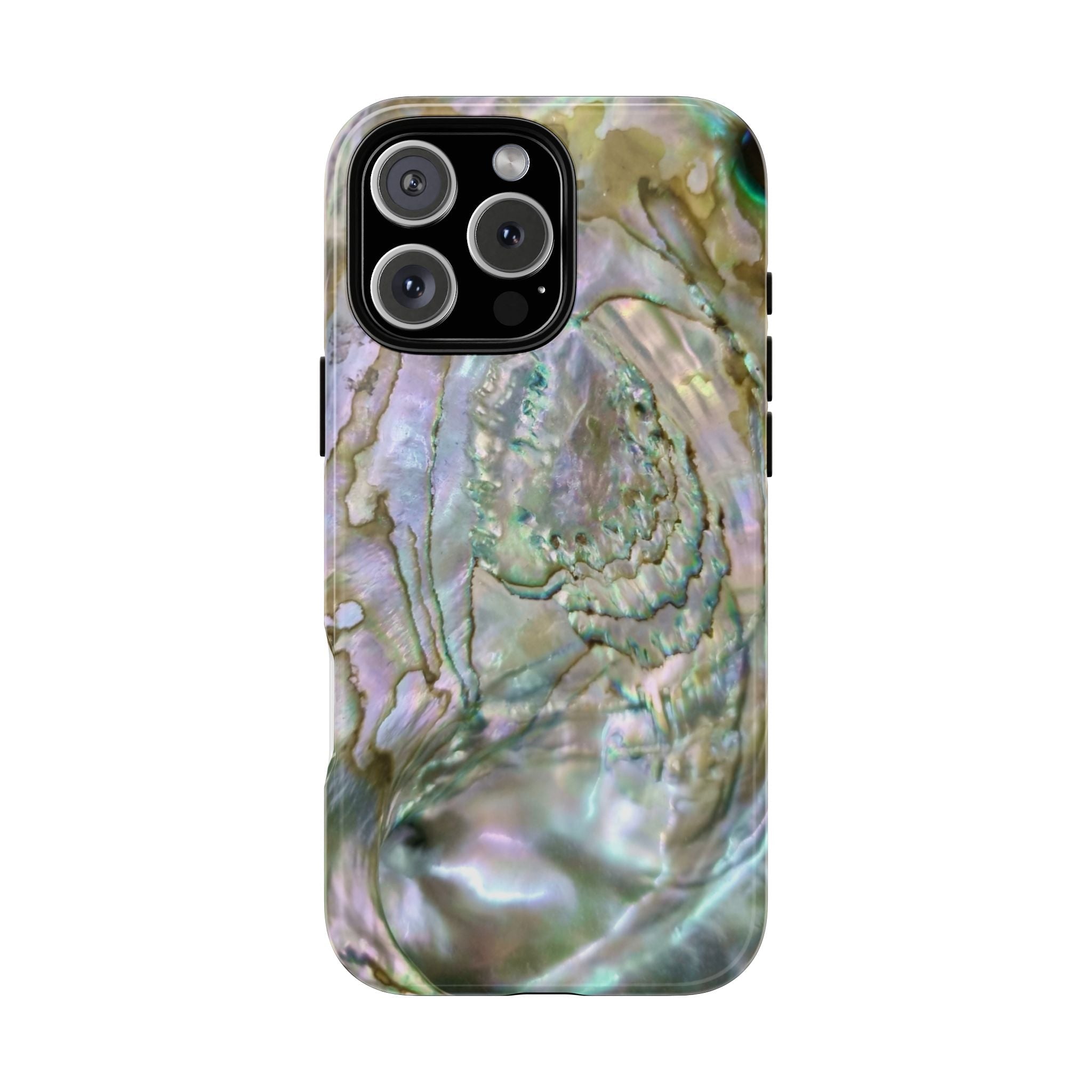 Quartz phone case with iridescent marble texture, cutouts for camera and buttons