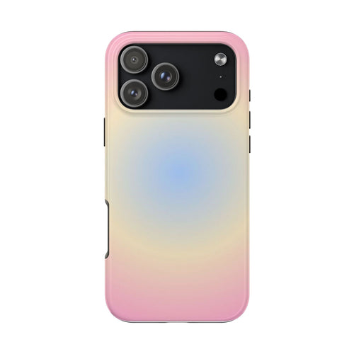 Pastel rainbow aura phone case with glossy finish look and dual camera cutout
