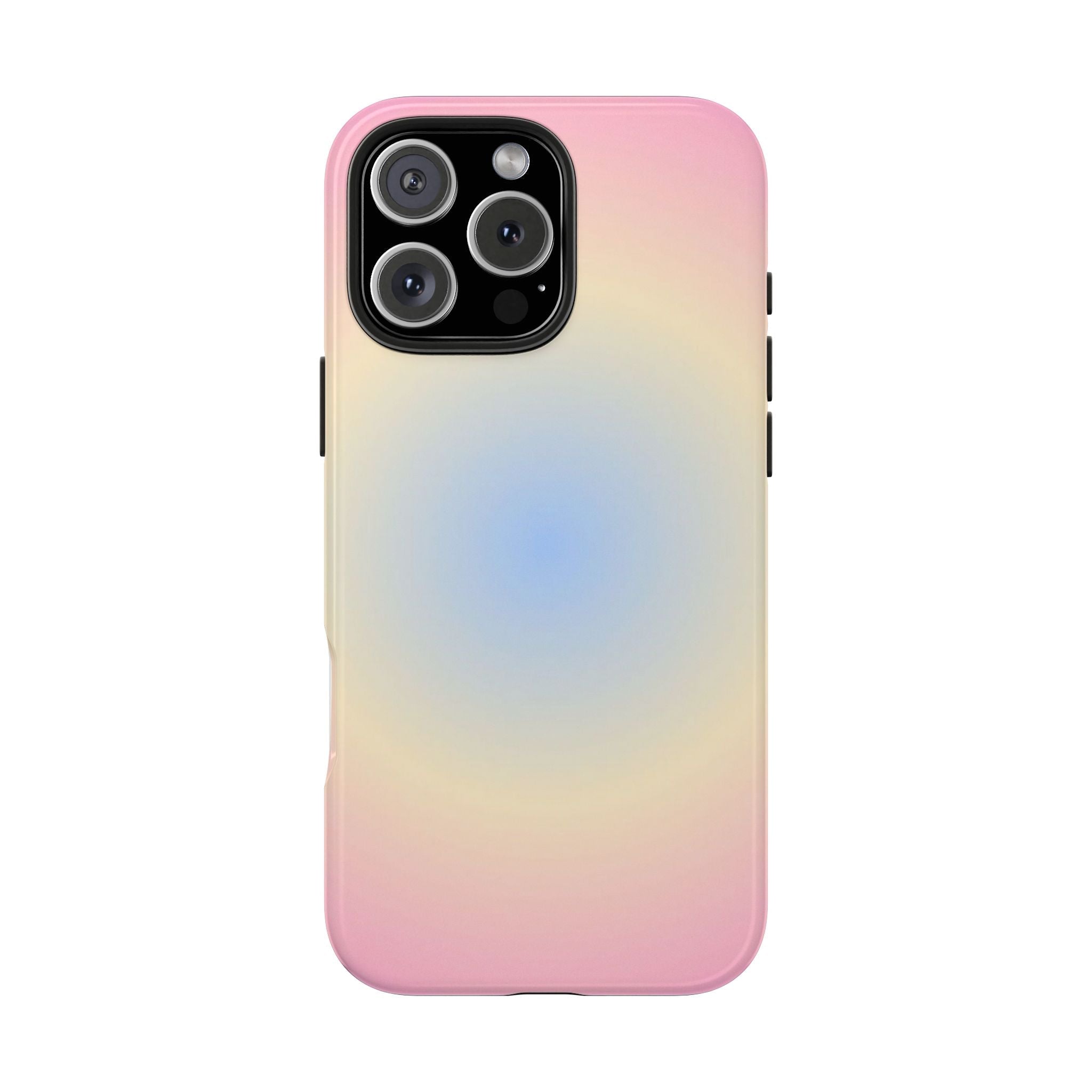 RAINBOW AURA phone case in pastel pink-to-blue gradient with raised camera cutout