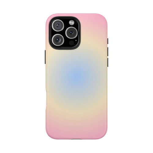 RAINBOW AURA phone case in pastel pink-to-blue gradient with raised camera cutout