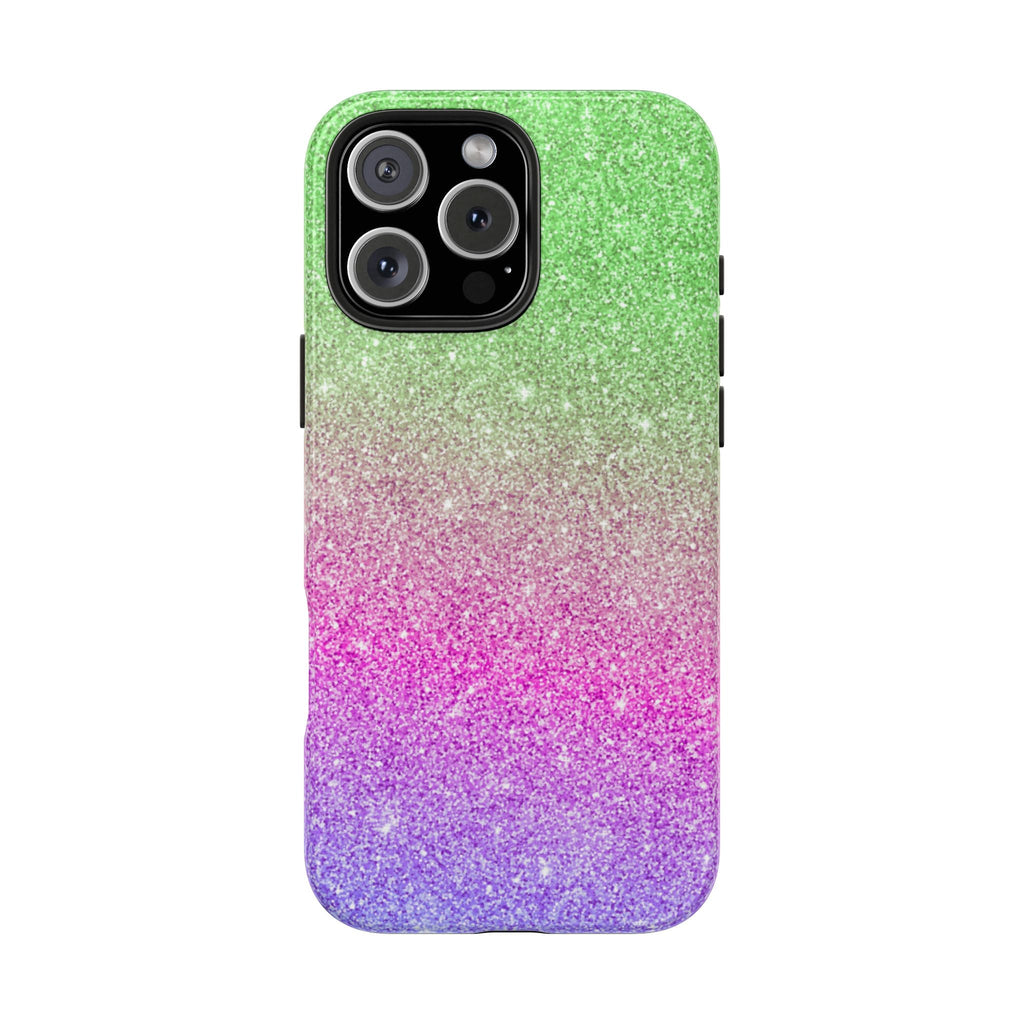Rainbow galaxy glitter phone case, gradient green/pink/purple; raised camera bezel