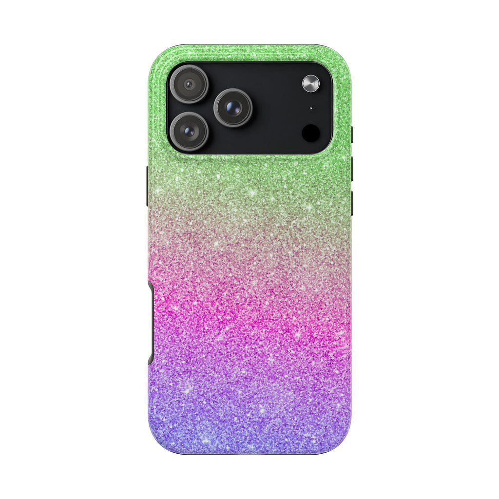 Rainbow galaxy glitter phone case, green to purple ombré; camera cutouts