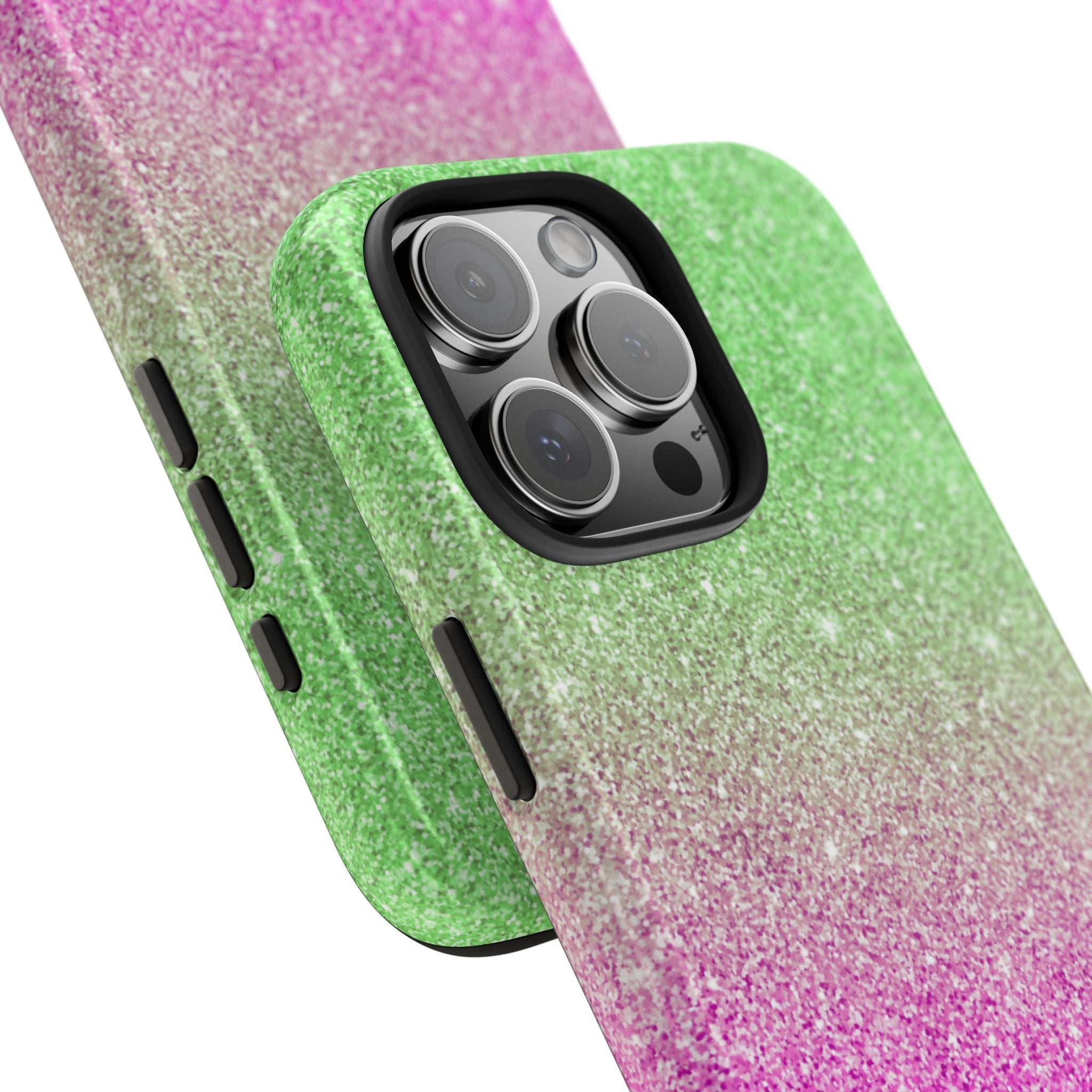 Rainbow galaxy glitter phone case, textured gradient; side button cutouts and cameras