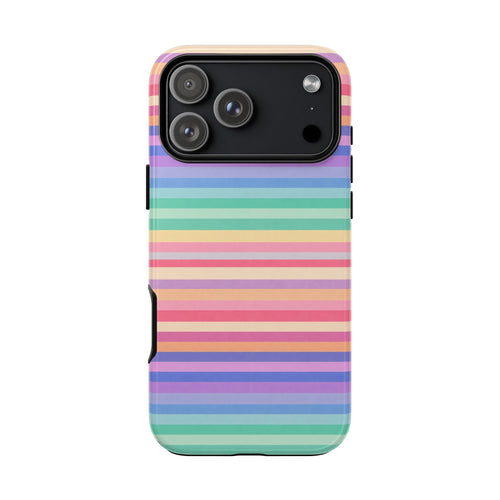 Rainbow striped phone case, black camera panel with side cutouts