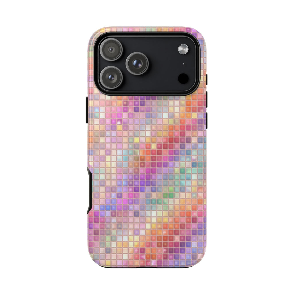 Rainbow mosaic phone case with raised camera bumper and colorful tile pattern