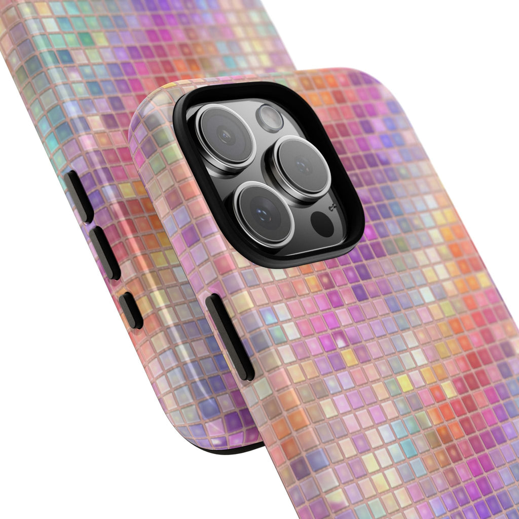 Rainbow mosaic phone case with multicolor square tile pattern and side button cutouts