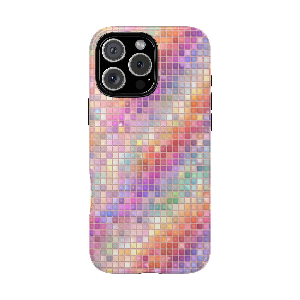 Rainbow mosaic phone case with black camera cutout, multicolor tile pattern