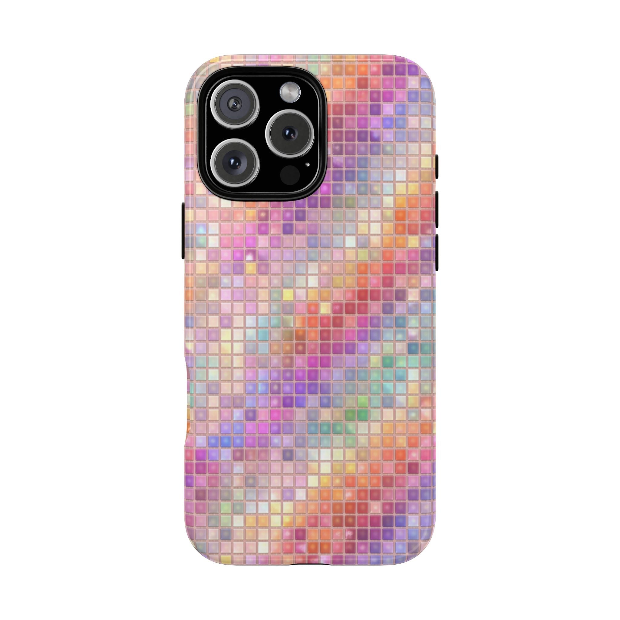 Rainbow mosaic phone case with black camera cutout, multicolor tile pattern