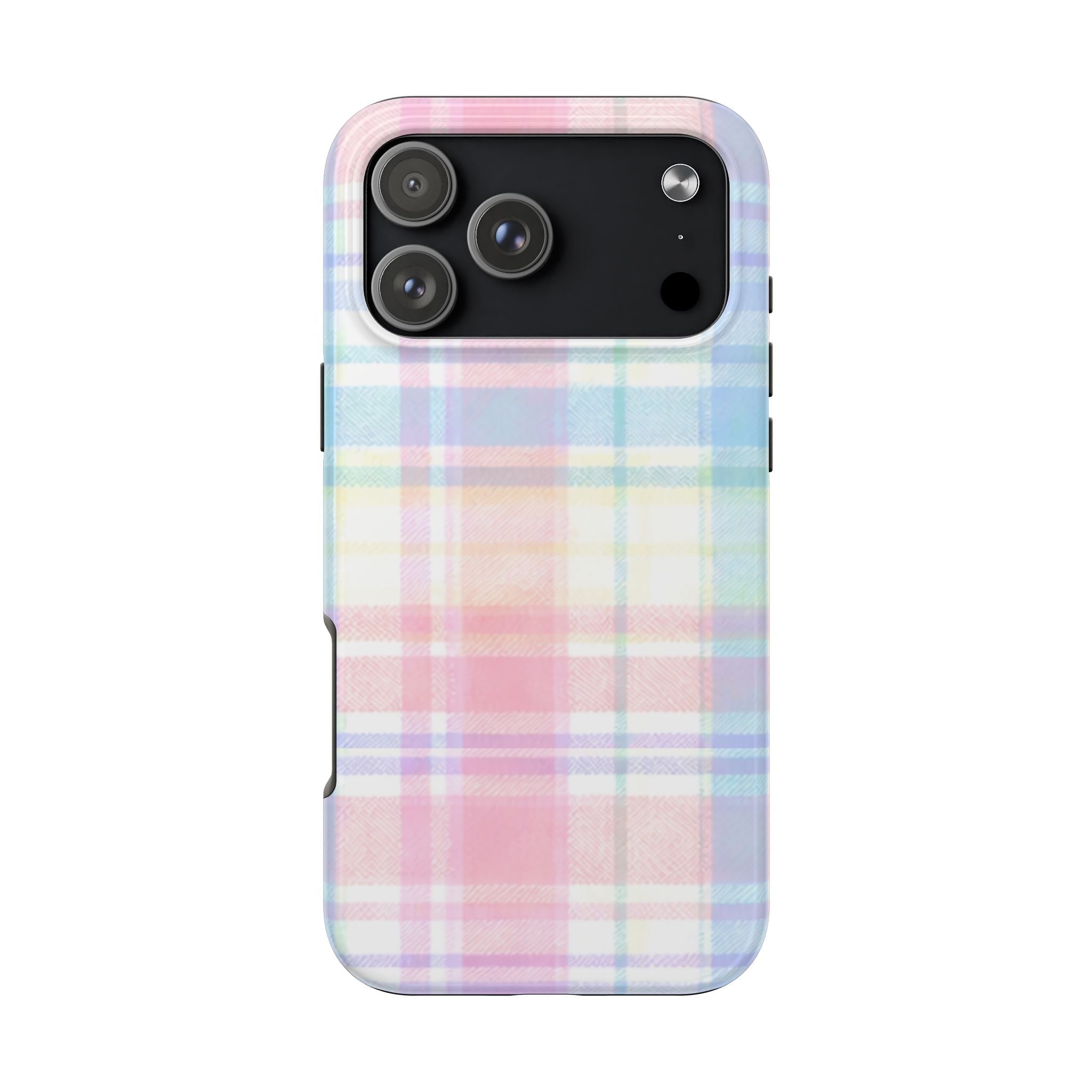 Pastel plaid phone case with cutouts for triple cameras and flash