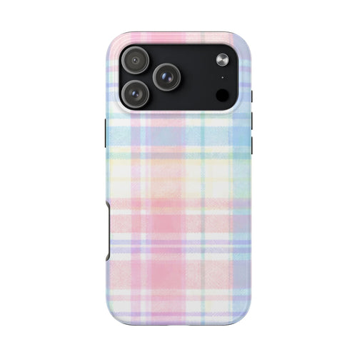 Pastel plaid phone case with cutouts for triple cameras and flash