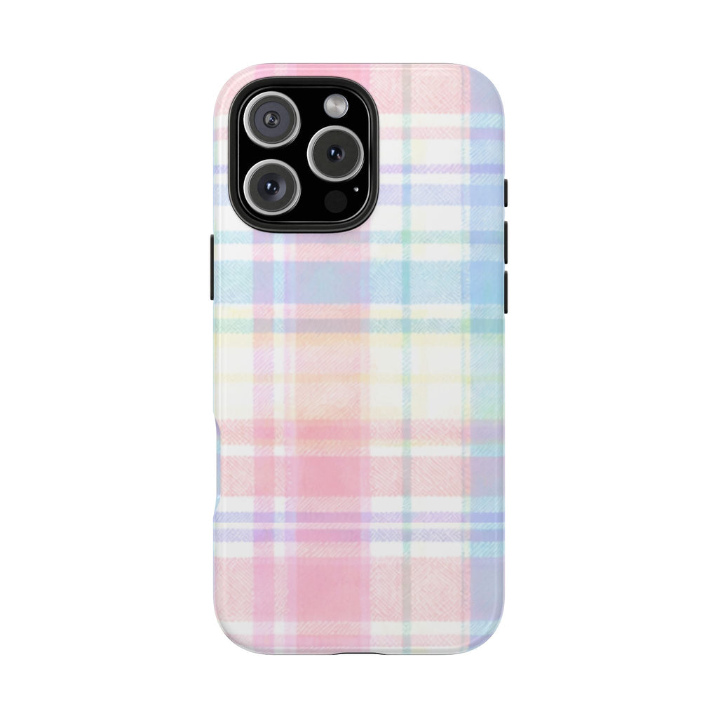 Rainbow pastel plaid phone case, flat back with camera openings