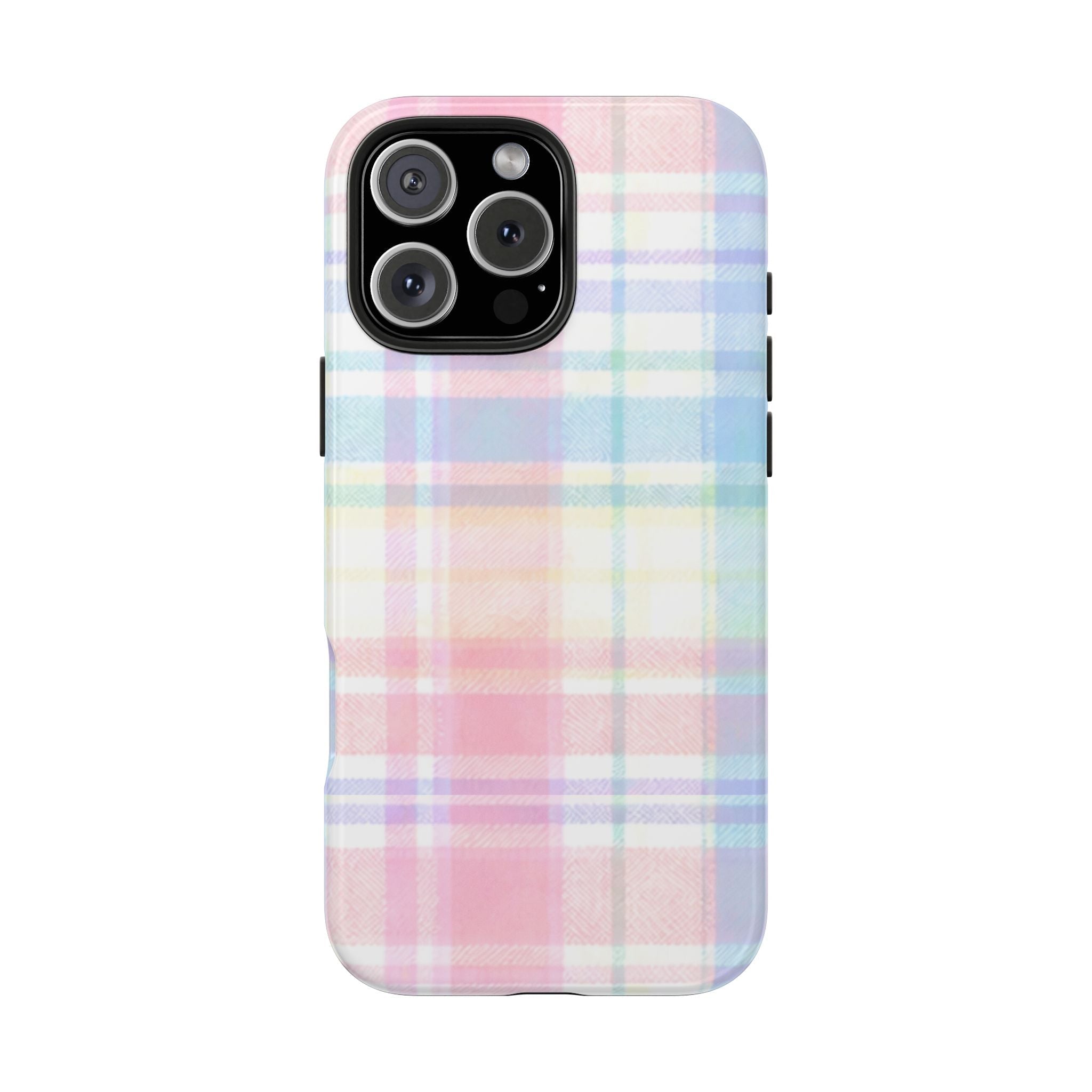 Rainbow pastel plaid phone case, flat back with camera openings